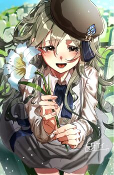 Rule 34 | 1boy, beret, blush, brown eyes, butterfly hair ornament, collared shirt, commentary request, flower, graveyard, green hair, hair ornament, hat, highres, holding, holding flower, long hair, looking at viewer, male focus, open mouth, pinocchio (sinoalice), reality arc (sinoalice), ribbon, shirt, signature, sinoalice, skirt, solo, suspender skirt, suspenders, taigaai4649, trap, white lily