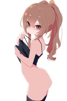 1girl aisaka_taiga black_camisole black_thighhighs blush bottomless brown_eyes brown_hair camisole camisole_lift closed_mouth clothes_lift cowboy_shot dot_mouth empty_eyes expressionless eyelashes female_focus flat_chest from_side kukuchi581 lifting_own_clothes loli long_hair looking_at_viewer looking_to_the_side matching_hair/eyes ponytail simple_background solo spaghetti_strap standing thighhighs toradora! variant_set white_background