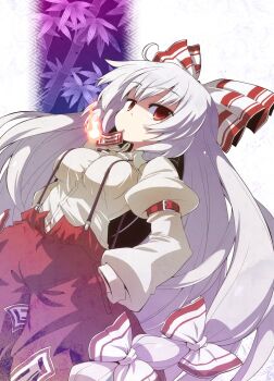 1girl akaneya bamboo bow breasts fire fujiwara_no_mokou hair_bow hands_in_pockets highres juliet_sleeves long_hair long_sleeves looking_at_viewer multiple_bows ofuda ofuda_on_clothes pants puffy_sleeves red_eyes red_pants shirt solo suspenders touhou very_long_hair white_hair white_shirt