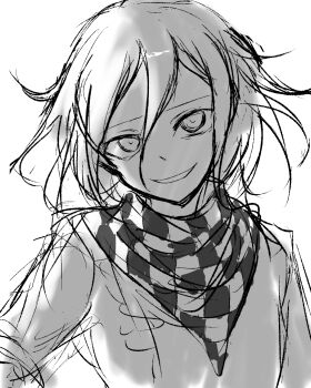 Rule 34 | 1boy, 9rimson, checkered clothes, checkered scarf, commentary request, danganronpa (series), danganronpa v3: killing harmony, double-parted bangs, evil smile, greyscale, hair between eyes, highres, jacket, looking at viewer, male focus, monochrome, oma kokichi, open mouth, scarf, short hair, simple background, sketch, smile, solo, upper body, white background