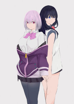 2girls a_(c3einycggcevevf) absurdres black_hair blue_eyes bow breasts closed_mouth collared_shirt commentary gridman_universe gridman_universe_(movie) highres jacket large_breasts long_hair looking_at_viewer miniskirt multiple_girls pantyhose pleated_skirt purple_bow purple_hair purple_jacket red_bow red_eyes scrunchie shinjou_akane shirt short_hair simple_background skirt smile ssss.gridman takarada_rikka vest white_background white_shirt white_vest wrist_scrunchie