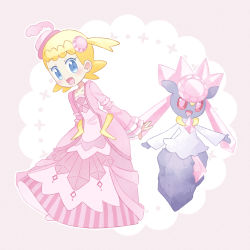 1girl :d _(cosplay) akasaka_(qv92612) blonde_hair blue_eyes blush bonnie_(pokemon) commentary_request cosplay diancie dress eyelashes frills gen_6_pokemon hair_ornament hat highres hilda_(pokemon) hilda_(special_costume)_(pokemon) legendary_pokemon long_sleeves looking_at_viewer mini_hat mythical_pokemon nintendo open_mouth pink_dress pokemon pokemon_(creature) pokemon_masters_ex pokemon_xy short_hair smile tongue