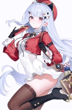 1girl bag black_boots black_gloves boots bow bowtie box breasts brown_thighhighs commentary_request cropped_jacket dress freesia_(stella_sora) freesia_(the_gift_of_falling_snow)_(stella_sora) fymrie gloves hair_ornament hairclip hand_up hat high_heel_boots high_heels highres holding holding_box jacket knee_boots leg_up long_hair long_sleeves looking_at_viewer medium_breasts official_alternate_costume parted_lips red_eyes red_hat red_jacket ribbed_jacket shoulder_bag sidelocks skindentation sleeveless sleeveless_dress solo stella_sora thighhighs thighs very_long_hair white_dress white_hair