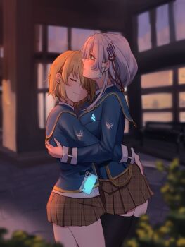 2girls absurdres blush brown_hair commentary_request green_eyes grey_hair hair_ornament hand_on_another's_back heaven_burns_red highres hug izumi_yuki_(heaven_burns_red) kayamori_ruka multiple_girls risai school_uniform short_hair skirt thighhighs yuri