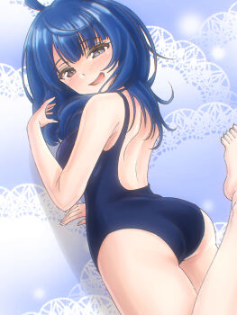 1girl ahoge ass back back_focus backless_swimsuit barefoot blue_eyes blue_hair blue_one-piece_swimsuit breasts highres large_breasts looking_at_viewer looking_back lying make_heroine_ga_oo_sugiru! oekaki_lemon on_stomach one-piece_swimsuit school_swimsuit sideboob smile solo swimsuit yanami_anna