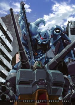 1990s_(style) absurdres ambush artist_name battle blurry blurry_foreground cable calendar_(medium) cannon cloud cloudy_sky company_name copyright_notice dirty earth_federation gouf gouf_custom gundam gundam_08th_ms_team guntank guntank_mass_production_type highres imminent_death machinery mecha mecha_focus mobile_suit official_art one-eyed promotional_art realistic red_eyes retro_artstyle robot scan scene_reference science_fiction shindou_kenichi sky sword traditional_media weapon zeon