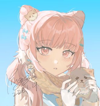 1girl animal-themed_food blue_bow blue_sailor_collar blue_sky blunt_bangs bow chinese_commentary coat commentary_request cone_hair_bun dated day dog dog_hair_ornament dot_nose double_bun expressionless eyelashes fingerless_gloves fingernails floof_(infinity_nikki) food gloves guardian_floof_(infinity_nikki) hair_bow hair_bun hair_ornament hair_over_shoulder hair_scrunchie hairclip highres holding holding_food infinity_nikki light_blush long_hair long_sleeves low_twintails nikki_(nikki) nikki_(series) outdoors parallel_hairclips parted_lips pinggo_(xianshideshixian) pink_eyes pink_hair pink_nails procreate_(medium) sailor_collar scarf scrunchie signature sky solo twintails upper_body very_long_hair white_coat white_gloves white_scrunchie winter winter_clothes winter_coat yellow_scarf