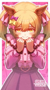 1girl animal_ears black_skirt blush bow breasts brown_eyes brown_hair closed_mouth commentary_request creape detached_sleeves frilled_shirt frills hair_between_eyes hair_bow hair_ornament highres horse_ears horse_girl jirai_kei long_hair looking_at_viewer multiple_hair_bows pink_bow pink_shirt purple_bow shirt skirt smart_falcon_(umamusume) smile solo suspender_skirt suspenders twintails umamusume