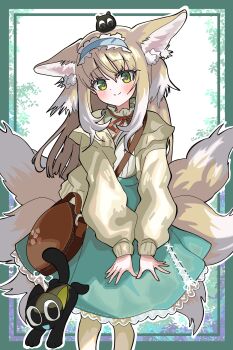 1girl absurdres animal_ears arknights bag black_cat blonde_hair blue_hairband cat commentary_request fox_ears fox_girl fox_tail frilled_hairband frills green_eyes hairband highres kitsune korean_commentary long_hair long_sleeves luo_xiaohei luo_xiaohei_(cat) luo_xiaohei_zhanji multicolored_hair multiple_tails neck_ribbon official_alternate_costume partial_commentary puffy_long_sleeves puffy_sleeves red_ribbon revision ribbon rieana shoulder_bag skirt smile suzuran_(arknights) suzuran_(spring_praise)_(arknights) tail white_hair