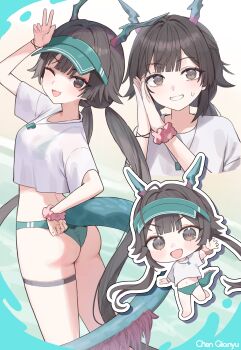 Rule 34 | 1girl, absurdres, alternate costume, aqua buruma, arknights, arknights: endfield, ass, black hair, blush, buruma, chen qianyu (arknights), commentary, dragon girl, dragon horns, dragon tail, fang, grin, grunel (grunel 7979), highres, horns, looking at viewer, low twintails, navel, one eye closed, open mouth, own hands together, shirt, skin fang, smile, stomach, sweatdrop, t-shirt, tail, twintails, visor cap, w, white shirt