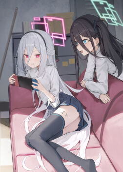 2girls :d absurdres aris_(blue_archive) ass black_bow black_hair black_hairband black_skirt black_thighhighs blue_archive blue_eyes blush bow bright_pupils clenched_teeth collared_shirt commentary couch double-parted_bangs eyelashes foot_out_of_frame hair_between_eyes hair_bow hair_spread_out hairband half_updo halo handheld_game_console hands_up highres holding holding_handheld_game_console indoors kei_(blue_archive) kei_(new_body)_(blue_archive) lizard0221 long_hair long_hair_between_eyes long_sleeves looking_at_another lying miniskirt multiple_girls nintendo_switch no_shoes on_couch on_side one_side_up open_mouth pink_halo pleated_skirt rectangular_halo red_eyes ringed_eyes school_uniform shirt skirt smile teeth thighhighs thighs tsurime upper_teeth_only v-shaped_eyebrows very_long_hair white_hair white_pupils white_shirt zettai_ryouiki