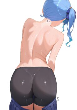 1girl absurdres ass ass_focus back bike_shorts blue_hair blue_ribbon blue_skirt clothes_pull commentary diptip english_commentary facing_away from_behind hair_ribbon highres hololive hoshimachi_suisei pleated_skirt ribbon side_ponytail simple_background skirt skirt_pull solo sweat topless_female undressing virtual_youtuber white_background