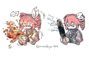 >_< 1girl ahoge baguette bread breath_weapon breathing_fire burnt_food buttons chest_belt commentary cropped_torso double-breasted drill_hair fire food grey_jacket hair_ribbon hands_up hato_no_mune_wo_momitai holding holding_food jacket kasane_teto kasane_teto_(sv) long_sleeves looking_at_food looking_at_object medium_hair open_mouth red_hair red_trim ribbon sad sequential shoulder_pads simple_background smoke sneezing symbol-only_commentary synthesizer_v translation_request twin_drills twitter_username wavy_eyes white_background white_ribbon