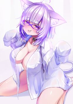 1girl ahoge animal_ear_fluff animal_ears black_collar blush breasts cat_ears cat_girl cat_tail cleavage closed_mouth collar glasses highres hololive kajimakoto large_breasts looking_at_viewer medium_hair neck_ribbon nekomata_okayu nekomata_okayu_(oversized_shirt) official_alternate_costume open_clothes open_shirt purple-framed_eyewear purple_eyes purple_hair purple_ribbon ribbon shirt sleeves_past_fingers sleeves_past_wrists solo tail virtual_youtuber white_shirt