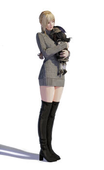 1girl absurdres atamagaitai blonde_hair boots braid doll elden_ring closed_eyes fashion fia_the_deathbed_companion head_on_chest high_heel_boots high_heels highres hug knit_sweater realistic shadow smile solo standing thighs white_background