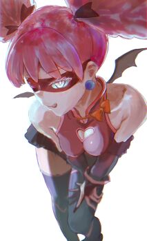 1girl absurdres bare_shoulders black_skirt black_thighhighs boku_no_hero_academia bon_(pixiv84768737) breasts breasts_squeezed_together cleavage cleavage_cutout clothing_cutout collarbone commentary_request cowboy_shot demon_wings eye_mask haneyama_kazuho heart_cutout highres mask pink_hair red_shirt shirt simple_background skirt solo thighhighs twintails vigilante_-boku_no_hero_academia:_illegals- white_background wings