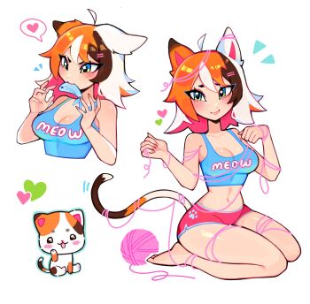 1girl ahoge animal_ears barefoot breasts brown_hair calico_(pattern) calico_cat cat cat_ears cat_girl cat_tail cleavage colored_inner_hair commentary crop_top english_commentary fingernails fish_in_mouth fizzeru green_eyes hair_ornament hairclip heart highres long_fingernails long_hair looking_at_viewer medium_breasts micro_shorts midriff multicolored_hair multiple_views navel orange_hair original paw_pose pink_hair seiza short_shorts shorts sitting skin_tight smile tail tank_top white_hair yarn yarn_ball