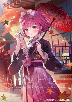 1girl aizono_manami aizono_manami_(6th_costume) autumn_leaves black_nails blush bow brown_eyes closed_mouth commentary_request company_name copyright_logo copyright_notice fingernails floral_print floral_print_kimono holding holding_paper holding_umbrella japanese_clothes kimono leaf logo looking_at_viewer nail_polish nijisanji official_alternate_costume official_alternate_hair_length official_alternate_hairstyle official_art oil-paper_umbrella paper pink_bow pink_hair pink_kimono pink_skirt pleated_skirt print_kimono samo_cha sample_watermark short_hair skirt smile solo tassel umbrella virtual_youtuber watermark