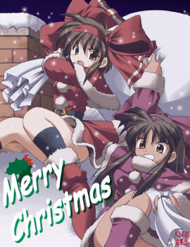 2girls arm_up artist_name belt belt_buckle black_belt black_hair black_socks boots bow bow_hairband brown_eyes brown_hair buckle capelet chimney christmas clumsy commentary dark-skinned_female dark_skin dress f20_(funimaru) falling fur-trimmed_boots fur-trimmed_capelet fur-trimmed_dress fur_trim hairband holding holding_sack holly knee_boots kneehighs long_hair long_sidelocks looking_at_another looking_down merry_christmas multiple_girls murasaki_nakoruru nakoruru night on_roof purple_boots purple_bow purple_capelet purple_dress purple_hairband red_boots red_bow red_capelet red_dress red_hairband rimururu sack samurai_spirits santa_costume sidelocks sliding snow snowing socks