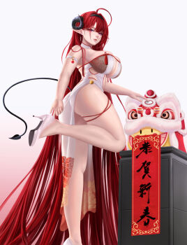 Rule 34 | 1girl, absurdly long hair, absurdres, ahoge, arm strap, ass, azur lane, bare shoulders, black hairband, breasts, china dress, chinese clothes, cleavage, demon girl, demon tail, dress, earrings, hairband, headwear request, high heels, highres, hindenburg (azur lane), horns, huge breasts, jewelry, large breasts, leg up, legs, long hair, looking at viewer, mole, mole under eye, purple eyes, red hair, shoes, solo, standing, standing on one leg, tail, thighs, very long hair, white dress, yuzuriha (pixiv 14248010)