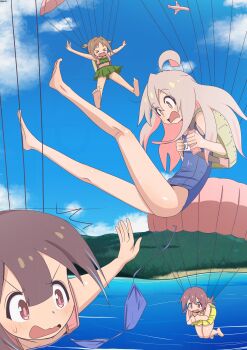 &gt;_&lt; 4girls :d absurdres ahoge aircraft airplane artist_name backpack bag bambi2000line bare_legs barefoot bikini bikini_skirt blue_bikini blue_hair blue_one-piece_swimsuit blue_sky brown_eyes brown_hair cloud colored_inner_hair commentary day fang flat_chest green_bikini hair_intakes highres hozuki_momiji kneepits long_hair midair multicolored_hair multiple_girls murosaki_miyo name_tag oka_asahi old_school_swimsuit one-piece_swimsuit onii-chan_wa_oshimai! open_mouth orange_hair outdoors outstretched_arms oyama_mahiro parachute peanut_mouth pink_hair red_hair school_swimsuit short_hair sky smile spread_arms swimsuit two-tone_hair two_side_up v-shaped_eyebrows wardrobe_malfunction wavy_mouth xd