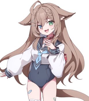Rule 34 | 1girl, :3, :d, ahoge, animal collar, animal ear fluff, animal ears, artist request, bandaged leg, bandages, bandaid, bandaid on leg, belt collar, black sailor collar, blue eyes, blue hair, blue neckerchief, blue one-piece swimsuit, blush, braid, braided bangs, brown hair, brown tail, cat ears, cat girl, cat pendant, cat tail, collar, colored inner hair, commentary request, covered navel, cowboy shot, cropped shirt, ears down, fang, gluteal fold, green eyes, hair between eyes, hair ornament, hairclip, hand up, head tilt, heterochromia, highres, huge ahoge, indie virtual youtuber, long hair, long sleeves, looking at viewer, michiyo mao, mole, mole on thigh, multicolored hair, neckerchief, one-piece swimsuit, open mouth, outstretched arm, pendant collar, puffy long sleeves, puffy sleeves, red collar, sailor collar, school swimsuit, school uniform, second-party source, serafuku, simple background, smile, spanish commentary, swimsuit, swimsuit under clothes, tail, virtual youtuber, white background, white serafuku, x hair ornament
