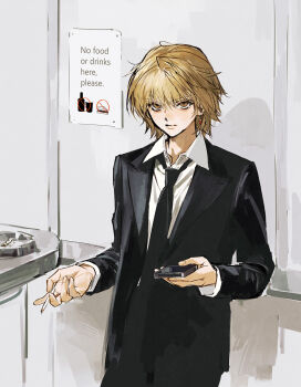 Rule 34 | 1boy, alternate costume, between fingers, black jacket, black necktie, blonde hair, brown eyes, cellphone, cigarette, closed mouth, collared shirt, commentary request, earrings, formal clothes, highres, holding, holding cigarette, holding phone, huangdanlan, hunter x hunter, jacket, jewelry, kurapika, looking at viewer, male focus, necktie, phone, shirt, short hair, smartphone, solo, standing, suit, suit jacket, white shirt