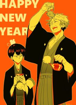 2boys akagi_kazuaki closed_eyes gloves hanagata_kaede happy_new_year japanese_clothes kemono_jihen kimono male_focus monochrome multiple_boys new_year ootaki_rc open_mouth orange_background short_hair teeth upper_body upper_teeth_only