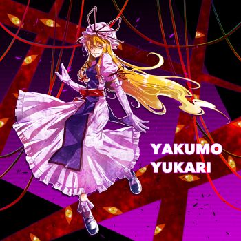 Rule 34 | 1girl, absurdres, black shoes, blonde hair, breasts, character name, commentary, dress, full body, hat, hat ribbon, highres, long hair, looking at viewer, mary janes, mob cap, puffy short sleeves, puffy sleeves, purple dress, purple eyes, purple hat, purple socks, purple tabard, red ribbon, ribbon, shoes, short sleeves, smile, socks, solo, tabard, touhou, very long hair, yakumo yukari, yuya (euky8335)