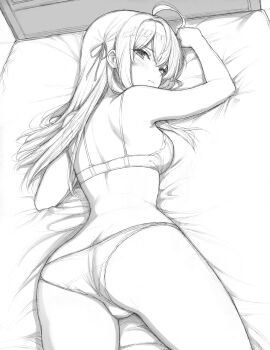 1girl ahoge alisa_mikhailovna_kujou ass back bed blush bra commentary greyscale hair_ribbon highres kimoshi long_hair looking_at_viewer lying monochrome on_stomach panties ribbon solo tokidoki_bosotto_roshia-go_de_dereru_tonari_no_alya-san underwear