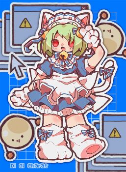1girl absurdres animal_ears animal_feet animal_hands apron arrow_(symbol) bell blue_background blue_dress blue_ribbon cat_ears cat_girl cat_tail creature dejiko di_gi_charat dress frilled_dress frills full_body gema green_hair hair_bell hair_ornament highres jingle_bell looking_at_viewer maid maid_apron maid_headdress medium_hair microsoft_windows neck_bell neck_ribbon nikamoka no_pupils open_mouth red_eyes reiwa_no_di_gi_charat ribbon short_sleeves sign solo standing tail tail_ornament tail_ribbon v waist_apron warning_sign window_(computing) windows_95 windows_classic
