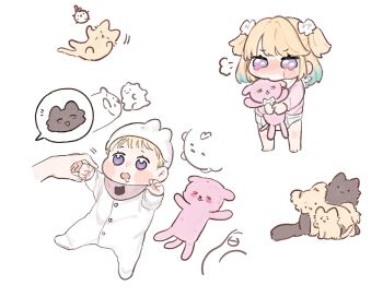 2girls :3 :d =_= ^_^ animalization anyoji_hime baby basil_(wgh0anzdple3asf) blonde_hair blue_hair blush cat clenched_hand closed_eyes commentary_request diaper dripping_eye drooling fujishima_megumi gonzales_(love_live!) gradient_hair hugging_doll hugging_object if_they_mated link!_like!_love_live! love_live! lying mother_and_daughter multicolored_hair multiple_girls multiple_views nose_blush on_back onesie open_mouth osawa_rurino pink_shirt puff_of_air puffy_cheeks purple_eyes saliva science_babies shirt short_twintails smile speech_bubble spoken_animal spoken_character standing stuffed_animal stuffed_toy tearing_up toddler twintails v-shaped_eyebrows virtual_youtuber white_background yurie_mouth