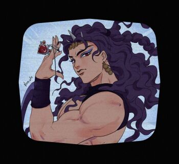 Rule 34 | 1boy, arm blade, arm up, battle tendency, blue eyeshadow, commentary, earrings, english commentary, eyeshadow, headband, highres, holding, holding jewelry, holding necklace, horns, jewelry, jojo no kimyou na bouken, kars (jojo), looking at viewer, makeup, male focus, muscular, muscular male, necklace, noquelle art, purple hair, red eyes, red stone of aja, solo, topless male, wavy hair, weapon, wristband