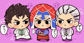 Rule 34 | 2boys, argyle clothes, argyle hat, argyle necktie, argyle sweater, black eyes, black hair, blush stickers, brown hair, chibi, chibi only, collared shirt, diamond wa kudakenai, dual persona, formal clothes, green necktie, green shirt, grey hair, guido mista, jacket, jojo no kimyou na bouken, kawajiri kosaku, kira yoshikage, kira yoshikage (bites the dust), male focus, motu705, multicolored hair, multiple boys, necktie, pants, pink background, purple shirt, red pants, shirt, standing, striped hair, suit, sweatdrop, sweater, time paradox, translation request, two-tone hair, vento aureo, white jacket, white pants