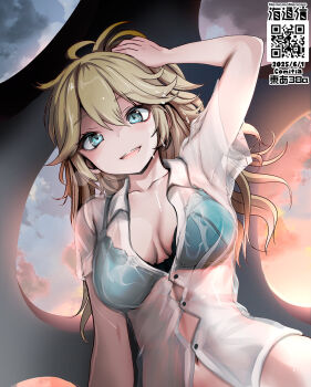 1girl blonde_hair blue_bra blue_eyes blush bra breasts button_gap buttons commentary_request dated hand_hair highres kasukabe_tsumugi long_hair looking_at_viewer medium_breasts namamo_nanase open_mouth qr_code shirt short_sleeves smile solo underwear upper_body voiceroid wavy_hair wet wet_clothes wet_shirt white_shirt