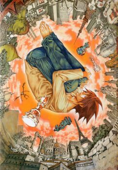 absurdres bags_under_eyes chess_piece death_note denim eiffel_tower feet floating highres jeans knight_(chess) l_(death_note) obata_takeshi official_art pants pawn_(chess) statue_of_liberty