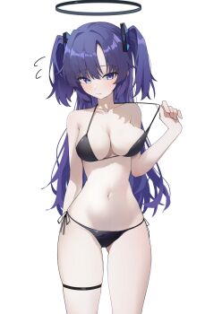 1girl alternate_costume bare_shoulders bikini bikini_pull black_bikini blue_archive breasts cleavage clothes_pull collarbone flying_sweatdrops gluteal_fold halo halterneck hashtag-only_commentary highres holding_strap large_breasts long_hair mechanical_halo navel pulling_own_clothes purple_eyes purple_hair side-tie_bikini_bottom simple_background solo stomach sukoyaka_konbu swimsuit thigh_strap thighs two_side_up white_background yuuka_(blue_archive)