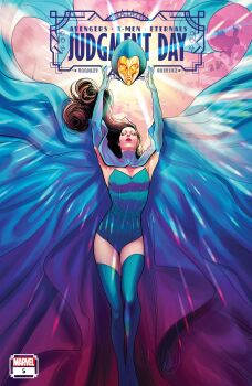 Rule 34 | 1girl, absurdres, avengers (series), blue boots, blue cape, blue gloves, blue leotard, boots, breasts, brown hair, cape, cleavage, comic cover, company name, copyright logo, copyright name, cover, cover page, curly hair, destiny (marvel), elbow gloves, english text, floating cape, floating hair, full body, gloves, gold mask, gradient cape, highres, leotard, logo, long hair, lukas werneck, marvel, mask, multicolored cape, no pupils, official art, orange sky, pink cape, purple cape, signature, sky, strapless, strapless leotard, thigh boots, unworn mask, western comics (style), x-men