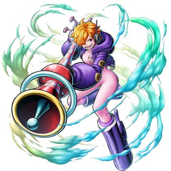 1girl bodysuit boots breasts brown_eyes cropped_jacket curvy full_body gloves hair_over_one_eye highres holding holding_weapon jacket large_breasts looking_at_viewer official_art one_piece one_piece:_bounty_rush open_clothes open_jacket orange_hair pink_bodysuit purple_jacket short_hair smile solo transparent_background vegapunk_lilith weapon wide_hips
