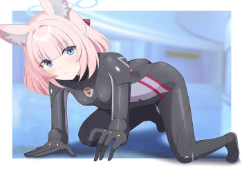 1girl all_fours alternate_costume animal_ear_fluff animal_ears ass black_bodysuit blue_archive blue_eyes blue_halo blunt_bangs blurry blurry_background blush bodysuit border breasts closed_mouth commentary_request eko expressionless eyes_visible_through_hair fox_ears fox_girl full_body hair_between_eyes hair_intakes half_updo halo indoors looking_at_viewer medium_hair niko_(blue_archive) outline outside_border pink_hair small_breasts solo white_border white_outline