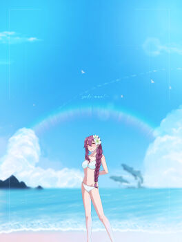 1girl absurdres arms_behind_back azumishard beach bikini blue_sky braid breasts closed_eyes cloud commentary double-parted_bangs eiyuu_densetsu emma_millstein english_commentary flower flying_whale hair_between_eyes hair_flower hair_ornament highres large_breasts long_hair long_sidelocks ocean outdoors rainbow sen_no_kiseki sen_no_kiseki_(series) sen_no_kiseki_iii sidelocks single_braid single_sidelock sky solo standing swimsuit whale white_bikini