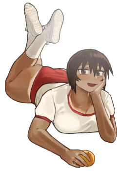 Rule 34 | 1girl, absurdres, azumanga daiou, breasts, brown eyes, brown hair, buruma, commentary request, food, fruit, gym uniform, hand on own face, highres, holding, holding food, kagura (azumanga daioh), large breasts, looking at viewer, lying, mandarin orange, miao jiangyou, on stomach, open mouth, shoes, short hair, simple background, smile, socks, tan, tanline, white background, white shoes, white socks