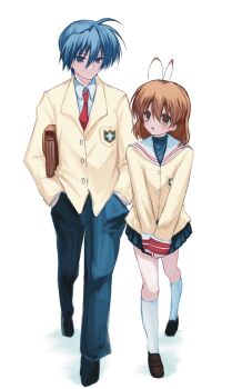 1boy 1girl antenna_hair bag blazer blue_eyes blue_hair blue_pants blue_skirt blush boots brown_bag brown_boots brown_eyes brown_hair clannad closed_mouth couple dress_shirt full_body furukawa_nagisa hair_between_eyes hands_in_pockets highres hikarizaka_private_high_school_uniform holding holding_bag jacket kneehighs loafers long_sleeves looking_at_another necktie nemu_(zutto_oyasu3) okazaki_tomoya open_mouth pants pleated_skirt red_necktie sailor_collar school_bag school_uniform shirt shoes short_hair simple_background skirt smile socks turtleneck v_arms walking white_background white_sailor_collar white_shirt white_socks yellow_jacket
