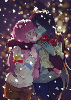 2girls adventure_time animification apple arm_around_neck bag black_hair blue_nails blush colored_skin commentary cowboy_shot english_commentary eye_contact face-to-face food fruit grey_skin holding holding_bag long_hair long_sleeves looking_at_another luo. marceline_abadeer multiple_girls nail_polish one_eye_closed open_mouth pink_hair pink_nails pink_skin pointy_ears princess_bonnibel_bubblegum smile snow_on_head snowing very_long_hair western_comics_(style) yuri