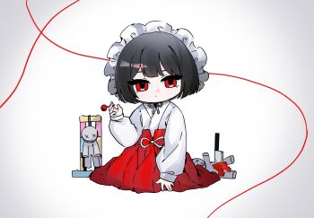 1girl aged_down black_hair blunt_ends bonnet candy commentary english_commentary fake_blood food full_body hanged highres holding holding_candy holding_food holding_lollipop limbus_company lollipop looking_at_viewer nana_nana_bot noose project_moon red_eyes red_skirt ryoshu_(project_moon) short_hair sitting skirt solo string stuffed_animal stuffed_toy teddy_bear toddler white_background white_bonnet