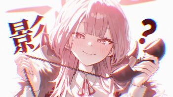 Rule 34 | 1girl, ?, absurdres, aru (blue archive), blue archive, blush, closed mouth, coat, commentary, corded phone, demon horns, fur-trimmed coat, fur trim, halo, hands up, head tilt, highres, holding, holding phone, horns, long hair, long sleeves, looking at viewer, low horns, mochirong, phone, pink hair, red halo, red ribbon, ribbon, shirt, simple background, smile, solo, white background, white shirt