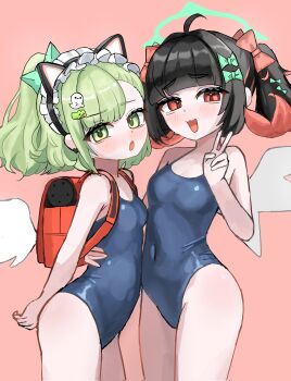 2girls :3 absurdres alternate_costume animal_ear_hairband animal_ears arm_behind_back bag bare_shoulders black_hair blue_one-piece_swimsuit blush bow breasts cat_ears colored_inner_hair covered_navel fake_animal_ears green_bow green_eyes green_hair hair_bow hair_ornament hairband hairclip halo highres ishiro loli looking_at_another looking_at_viewer maid_headdress multicolored_hair multiple_girls nangong_yu one-piece_swimsuit open_mouth pink_background pink_hair red_eyes school_swimsuit simple_background small_breasts smile smug sunna_(zenless_zone_zero) swimsuit twintails v white_wings wings zenless_zone_zero