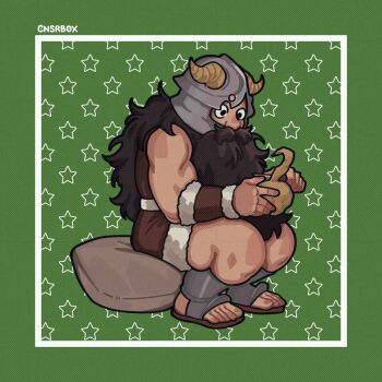 1boy beard dungeon_meshi dwarf facial_hair fake_horns from_side full_body green_background helmet highres horned_helmet horns long_beard male_focus mustache nad_(cnsrbox) peeling senshi_(dungeon_meshi) sitting solo thick_mustache toned toned_male very_long_beard