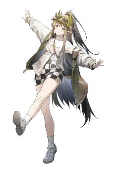 1girl absurdres ankle_socks arknights bare_legs black_skirt brown_hair checkered_clothes checkered_skirt chinese_commentary closed_mouth clothes_writing coattails collared_vest commentary_request eyelashes eyewear_on_headwear fashion feather_hair_ornament feathers full_body green_hat green_vest hair_ornament hat high-waist_skirt highres knees light_blush long_hair long_sleeves looking_at_viewer midriff_peek miniskirt mole mole_under_eye muelsyse_(arknights) open_clothes open_vest outstretched_arms pointy_ears ponytail puffy_long_sleeves puffy_sleeves shirt shoes simple_background skirt sleeves_past_wrists smile sneakers socks solo straight_hair sunglasses triangular_eyewear turtleneck turtleneck_shirt two-tone_skirt umie_(iowae) very_long_hair vest visor_cap white_background white_shirt white_shoes white_skirt yellow_eyes