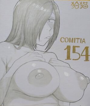 1girl black_hair blush breasts buck_teeth clothes_lift comitia_154 ear_piercing earrings hair_over_one_eye hand_on_own_chest highres huge_breasts jewelry koma_neko long_hair mole nipples no_bra nude original piercing samejima_yoruko sanpaku shikishi shirt_lift simple_background teeth traditional_media white_background